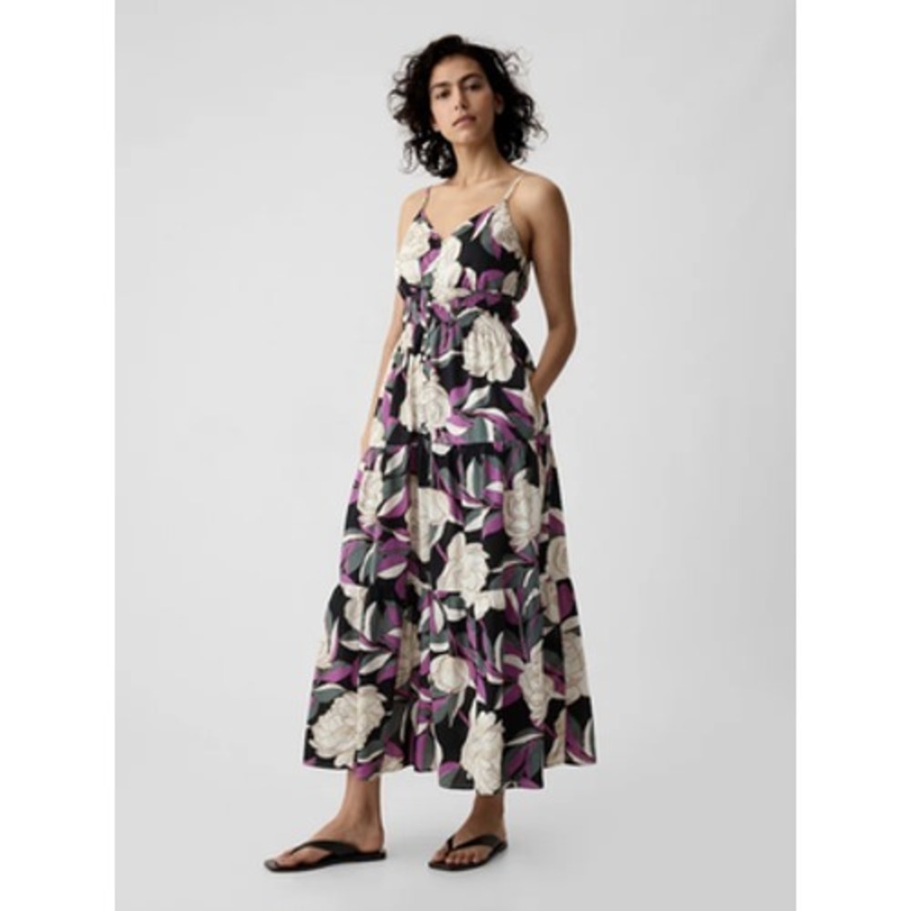 Gap Maxi Sundress Womens S Black Floral Tiered Button Front Empire Summer Boho‎